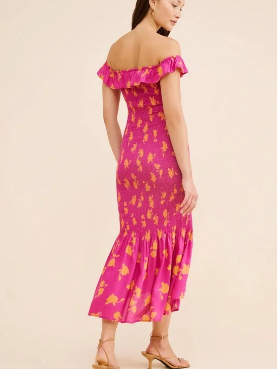 By Anthropologie Floral Pink Off-Shoulder Midi Dress Summer Wedding XXS - Picture 3 of 11